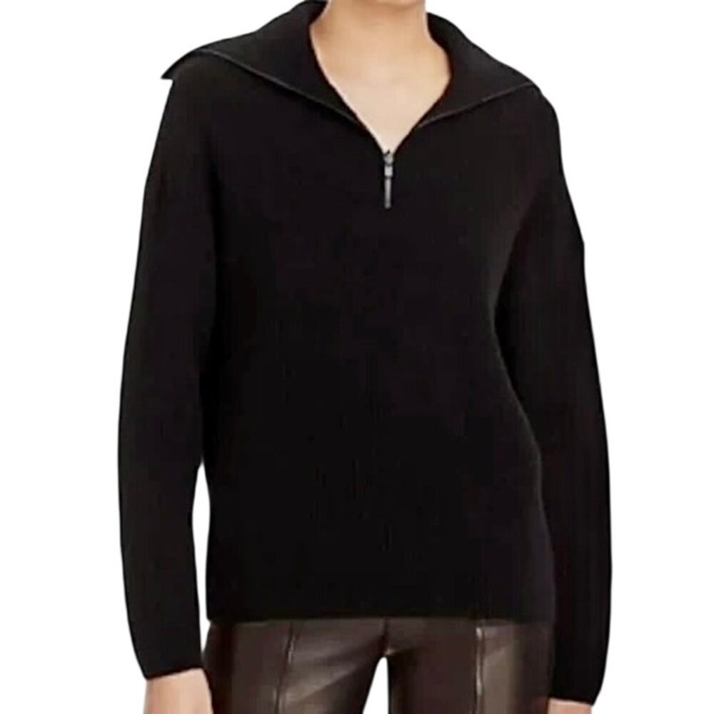 VINCE Black 100% Wool 1/4 Zip Pullover Ribbed Knit Sweater Classic Preppy